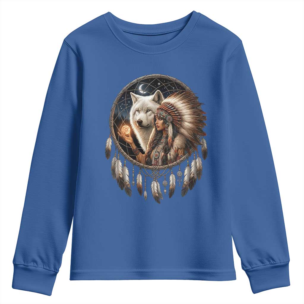 Vintage Native American Woman With White Wolf Graphic Youth Sweatshirt