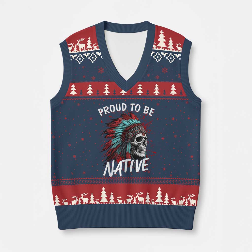 Proud To Be Native V-Neck Knit Sweater Vest Native American Skull Headdress Graphic
