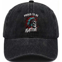 Proud To Be Native Washed Cotton Baseball Cap Native American Skull Headdress Graphic