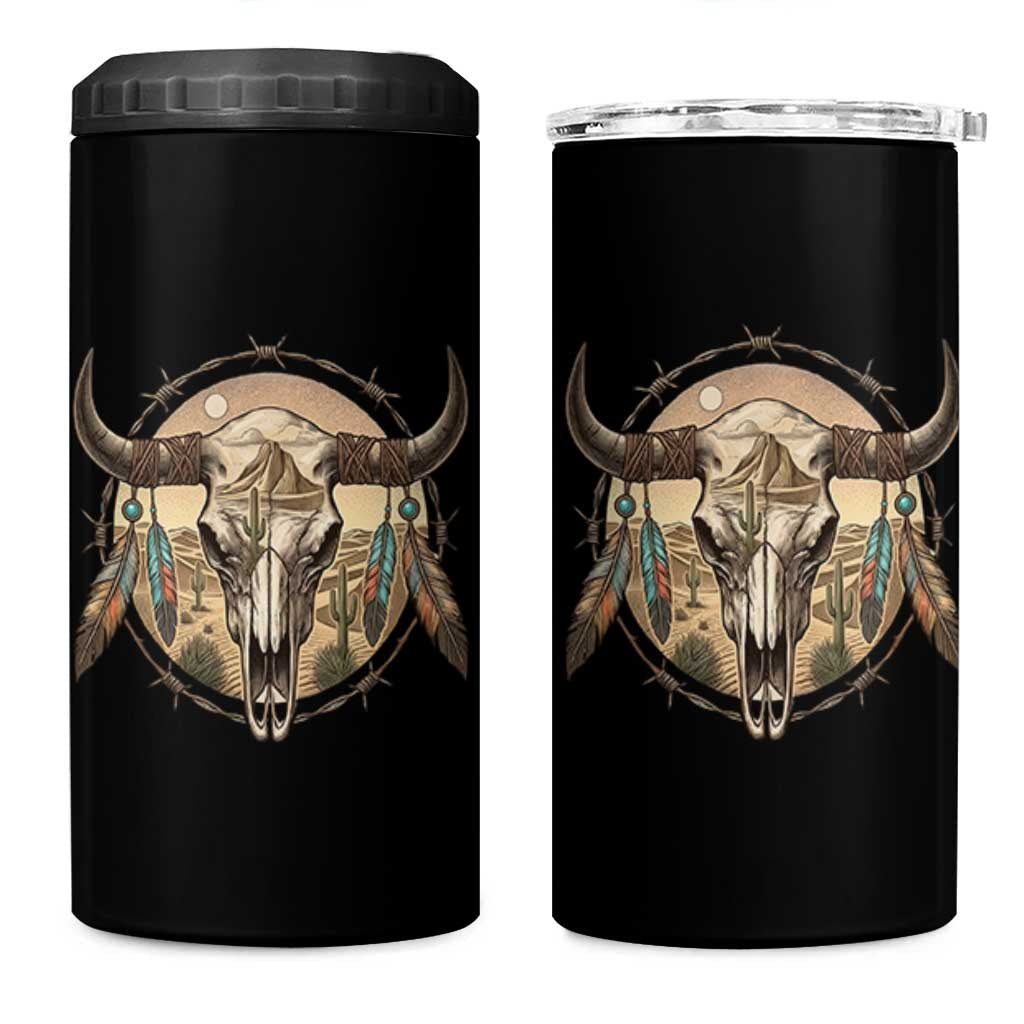 Southwestern Desert Bull Skull 4 in 1 Can Cooler Tumbler Rustic Western Feather Emblem