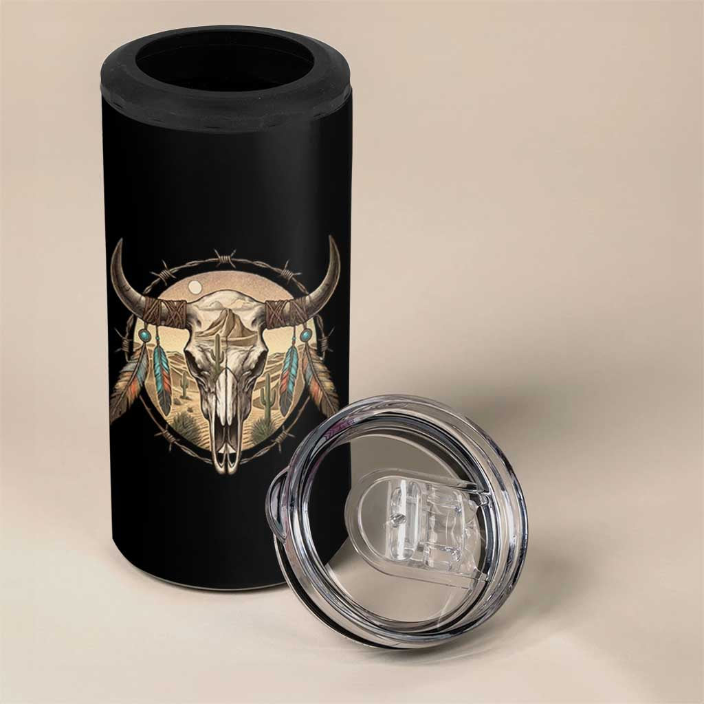 Southwestern Desert Bull Skull 4 in 1 Can Cooler Tumbler Rustic Western Feather Emblem