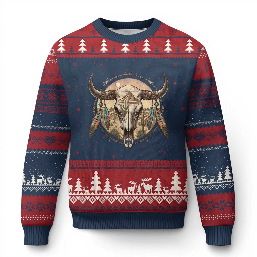 Southwestern Desert Bull Skull Ugly Christmas Sweater Rustic Western Feather Emblem