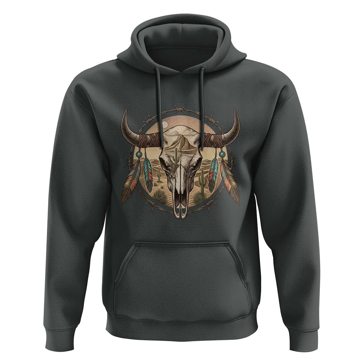 Southwestern Desert Bull Skull Hoodie Rustic Western Feather Emblem