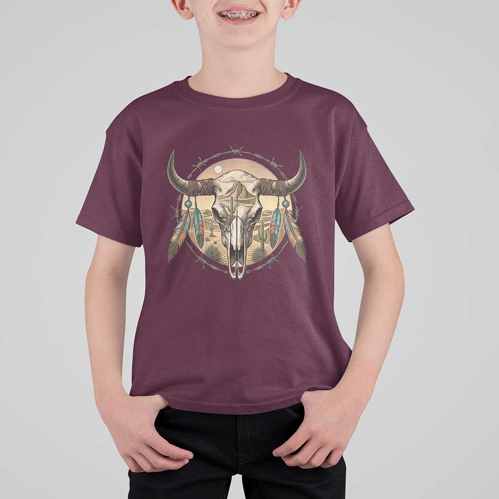Southwestern Desert Bull Skull T Shirt For Kid Rustic Western Feather Emblem