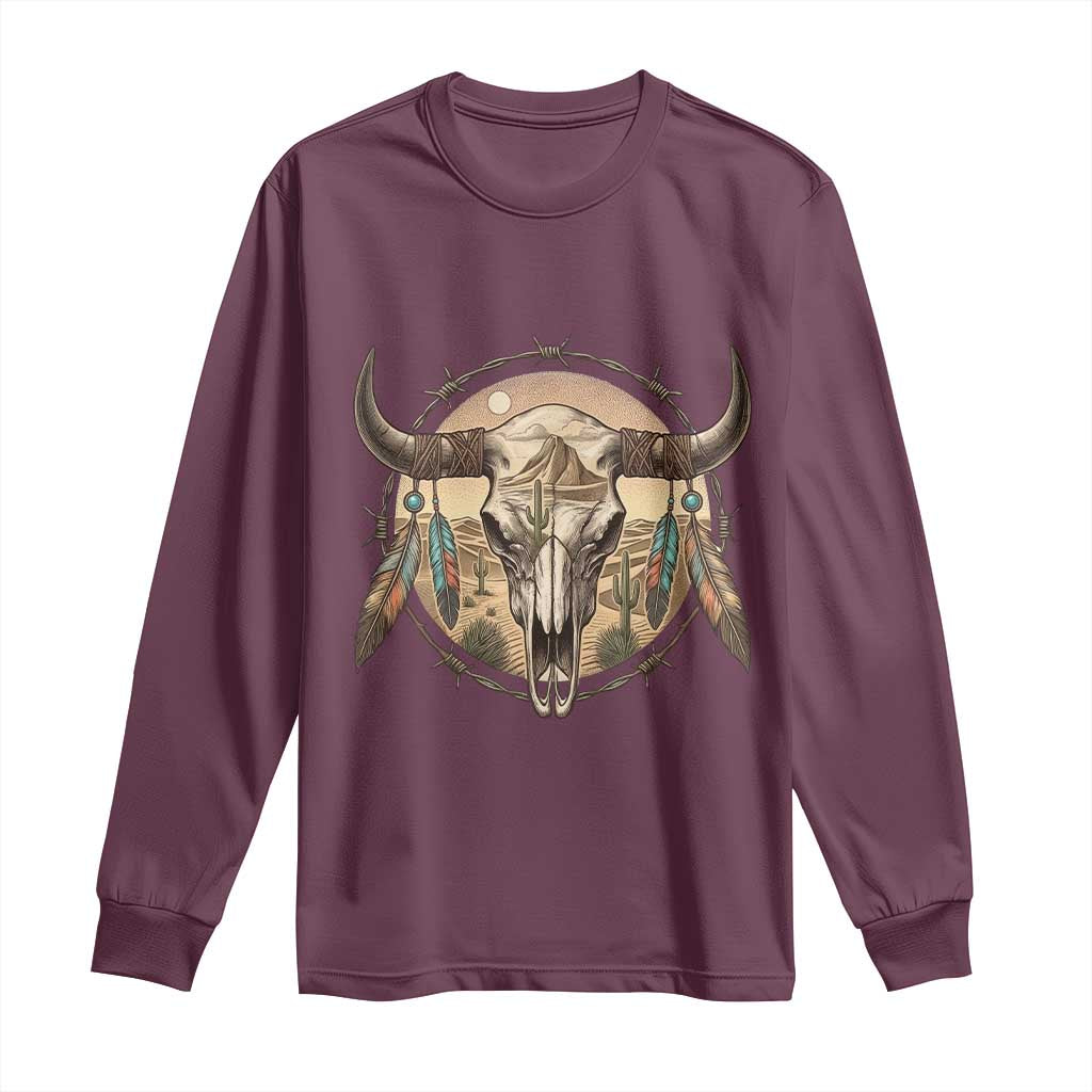 Southwestern Desert Bull Skull Long Sleeve Shirt Rustic Western Feather Emblem
