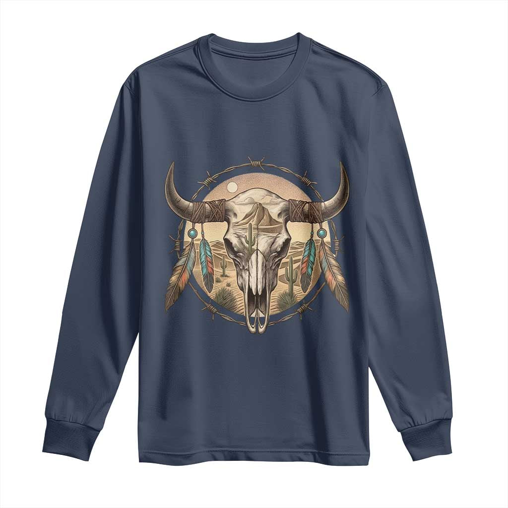Southwestern Desert Bull Skull Long Sleeve Shirt Rustic Western Feather Emblem
