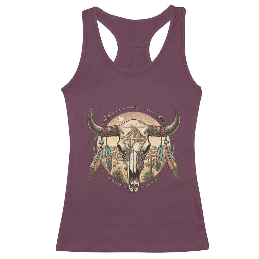 Southwestern Desert Bull Skull Racerback Tank Top Rustic Western Feather Emblem