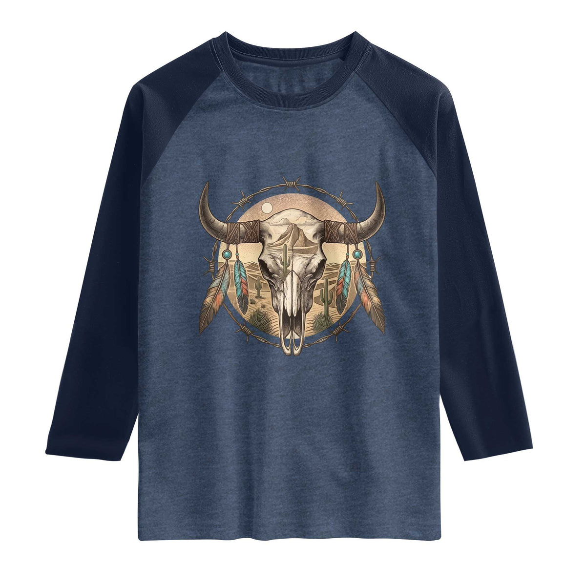 Southwestern Desert Bull Skull Raglan Shirt Rustic Western Feather Emblem