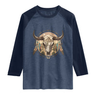 Southwestern Desert Bull Skull Raglan Shirt Rustic Western Feather Emblem