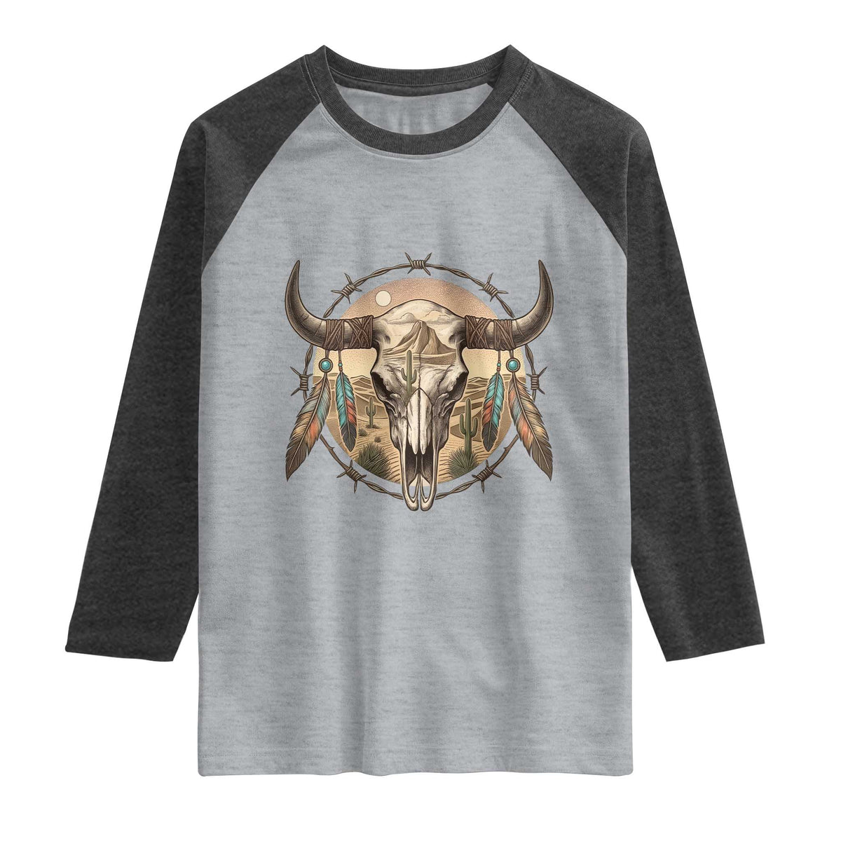 Southwestern Desert Bull Skull Raglan Shirt Rustic Western Feather Emblem