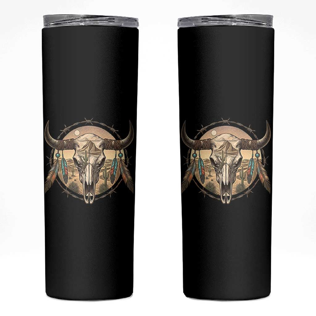 Southwestern Desert Bull Skull Skinny Tumbler Rustic Western Feather Emblem
