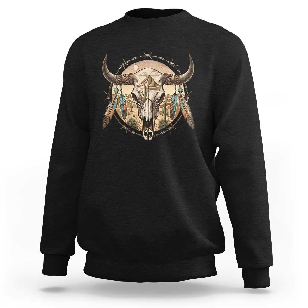 Southwestern Desert Bull Skull Sweatshirt Rustic Western Feather Emblem