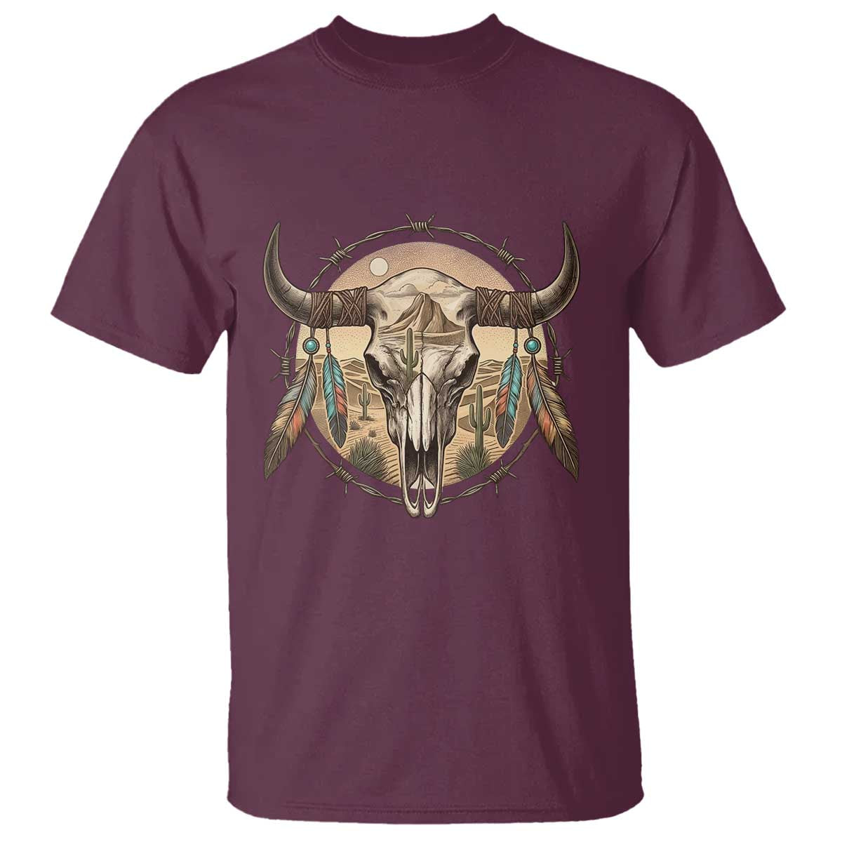Southwestern Desert Bull Skull T Shirt Rustic Western Feather Emblem