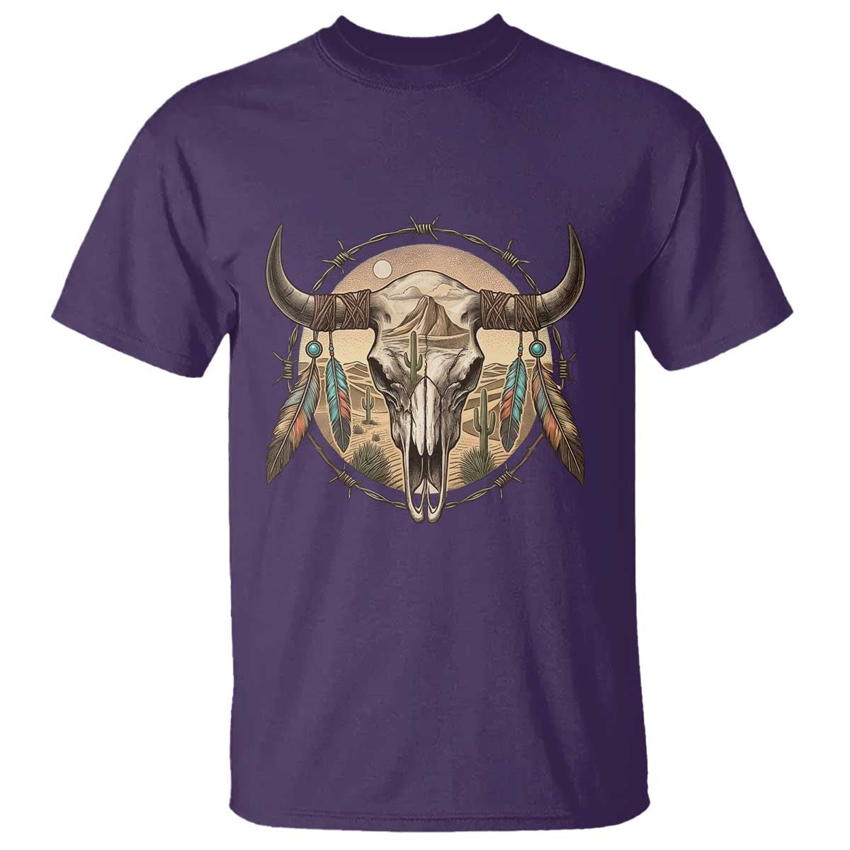 Southwestern Desert Bull Skull T Shirt Rustic Western Feather Emblem