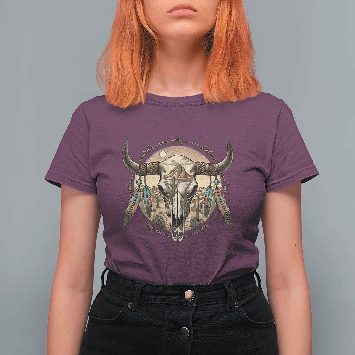 Southwestern Desert Bull Skull T Shirt For Women Rustic Western Feather Emblem