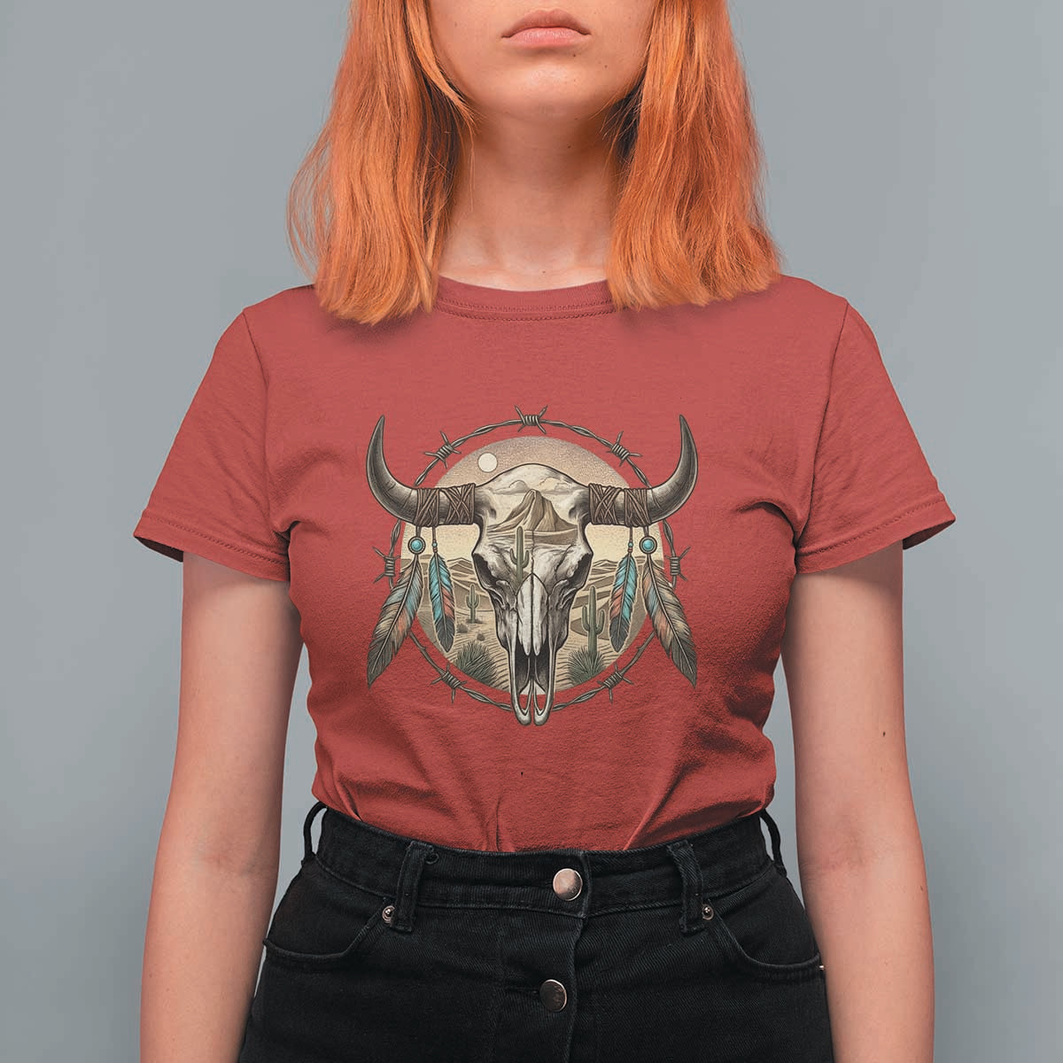 Southwestern Desert Bull Skull T Shirt For Women Rustic Western Feather Emblem