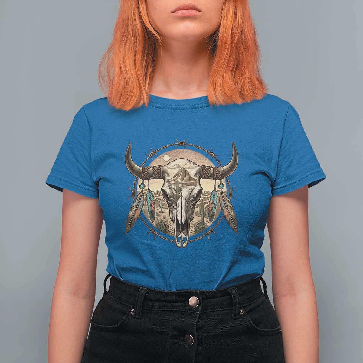 Southwestern Desert Bull Skull T Shirt For Women Rustic Western Feather Emblem