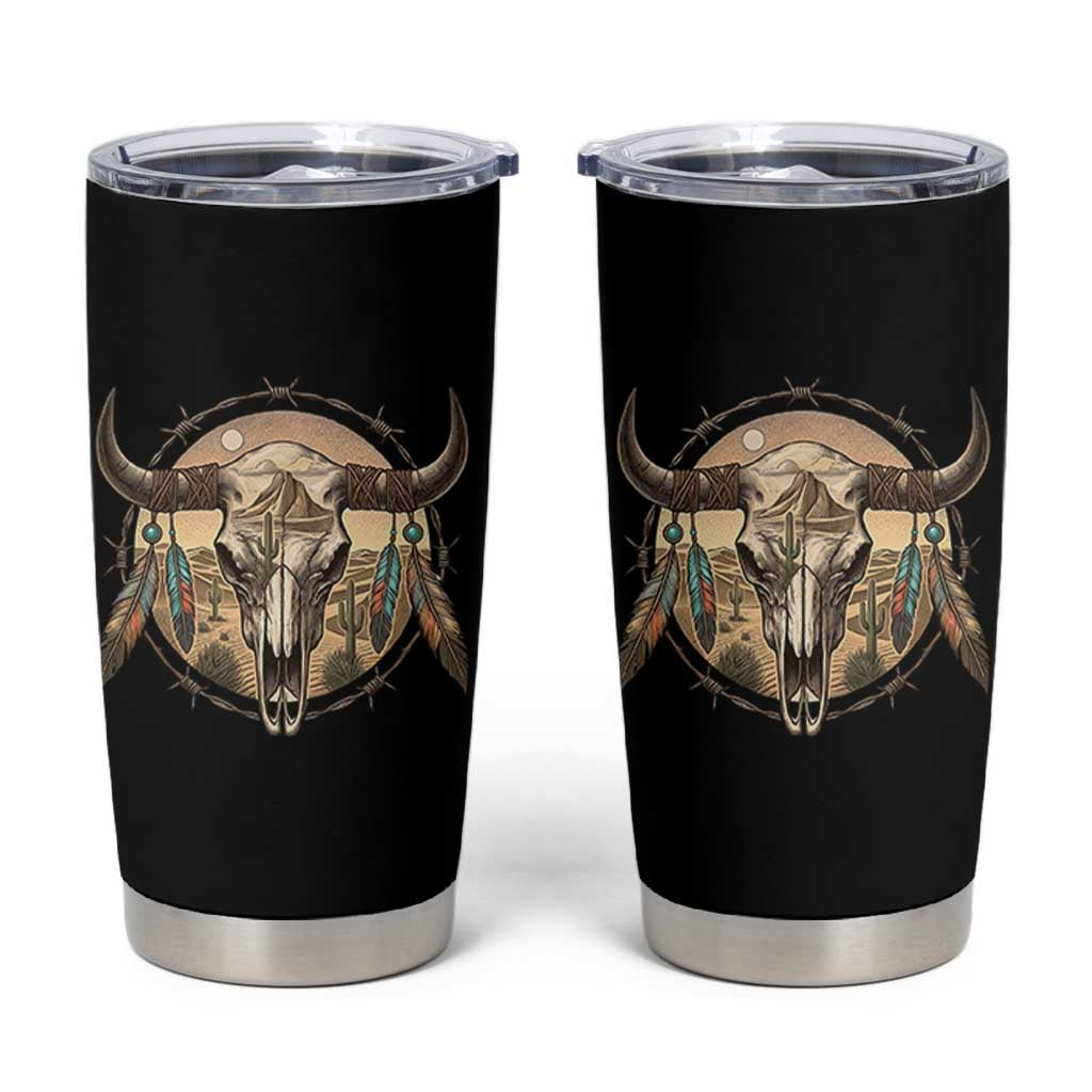 Southwestern Desert Bull Skull Tumbler Cup Rustic Western Feather Emblem