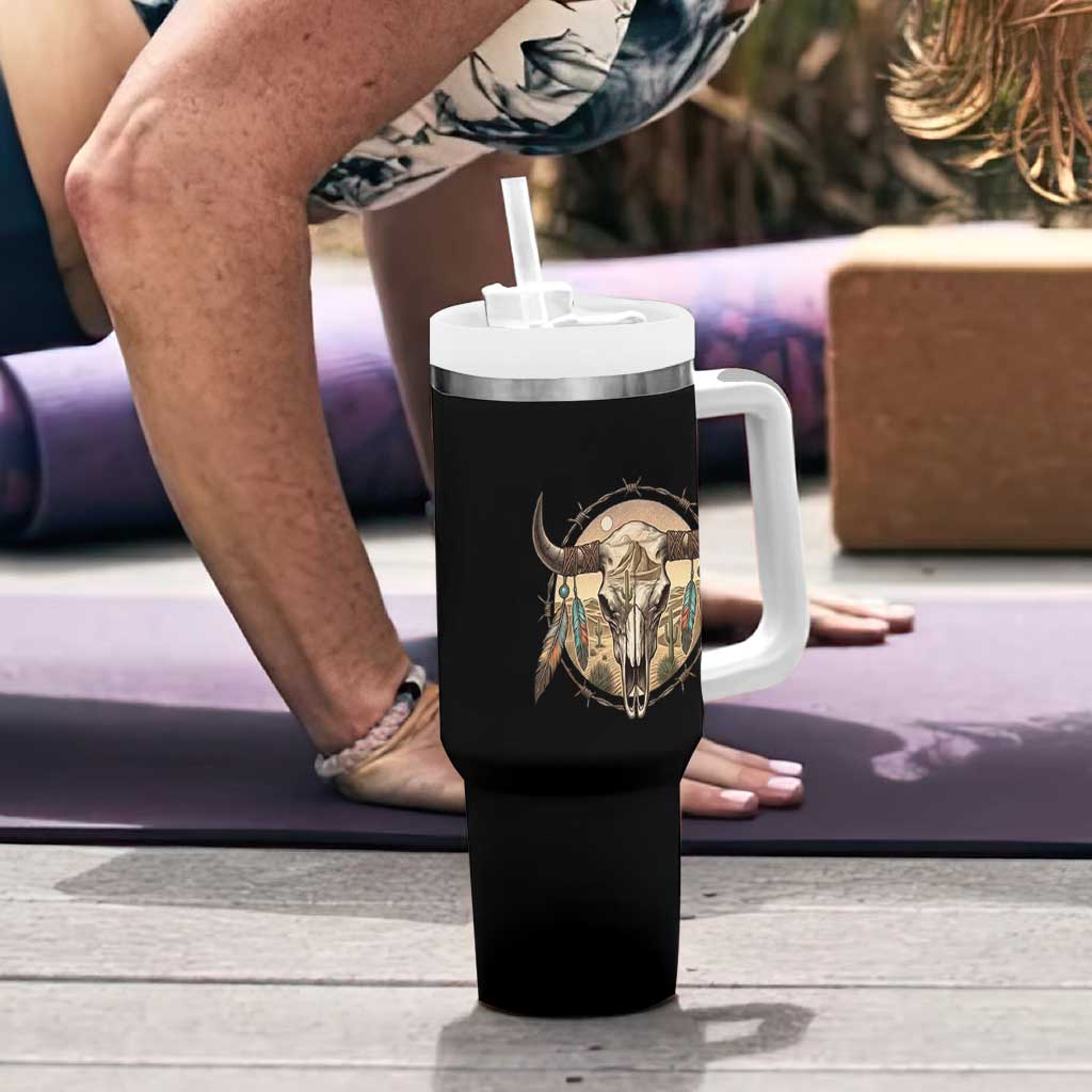 Southwestern Desert Bull Skull Tumbler With Handle Rustic Western Feather Emblem