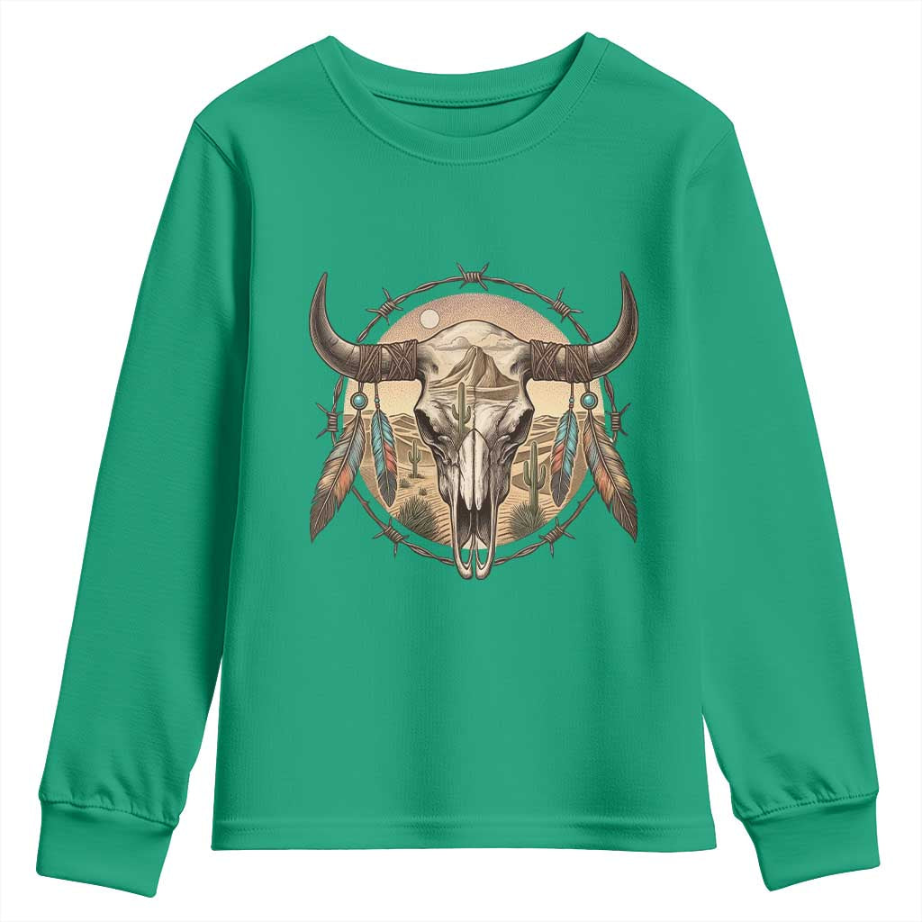 Southwestern Desert Bull Skull Youth Sweatshirt Rustic Western Feather Emblem