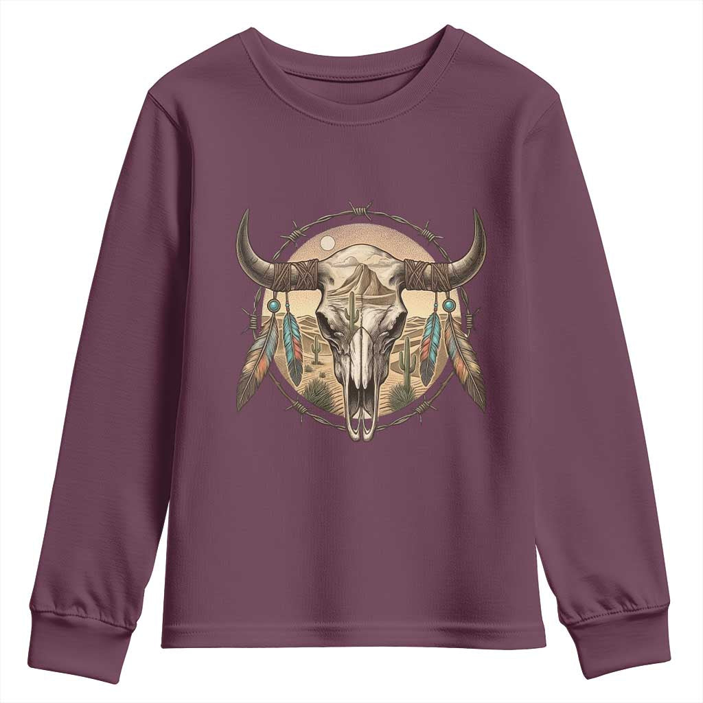 Southwestern Desert Bull Skull Youth Sweatshirt Rustic Western Feather Emblem