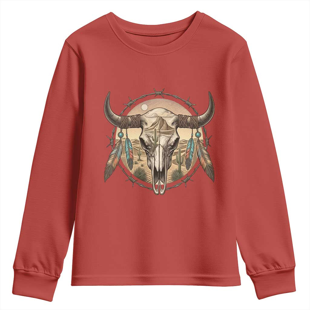 Southwestern Desert Bull Skull Youth Sweatshirt Rustic Western Feather Emblem