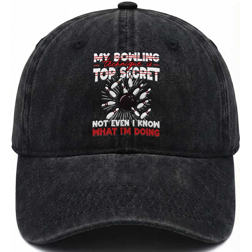My Bowling Technique Is Top Secret Washed Cotton Baseball Cap Funny Bowler Gift