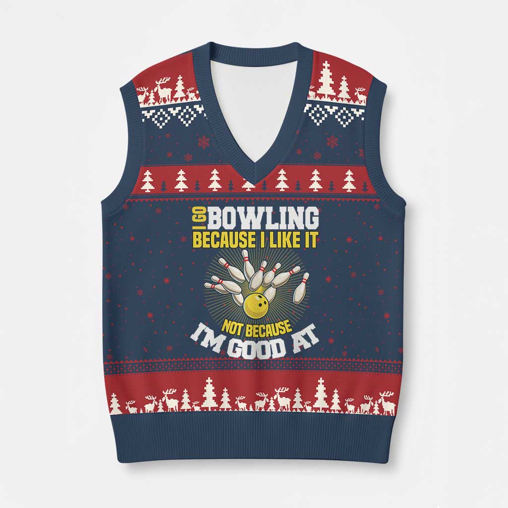 I Go Bowling Because I Like It Not Because Im Good At It V-Neck Knit Sweater Vest Funny Bowling Gift - Wonder Print Shop