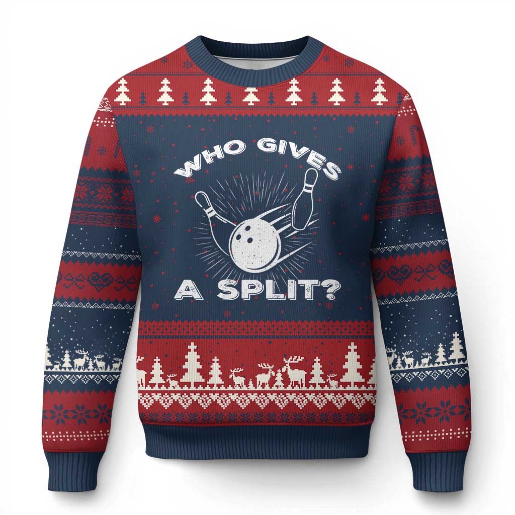 Funny Bowling Team Gift Ugly Christmas Sweater Who Gives A Split Quote - Wonder Print Shop