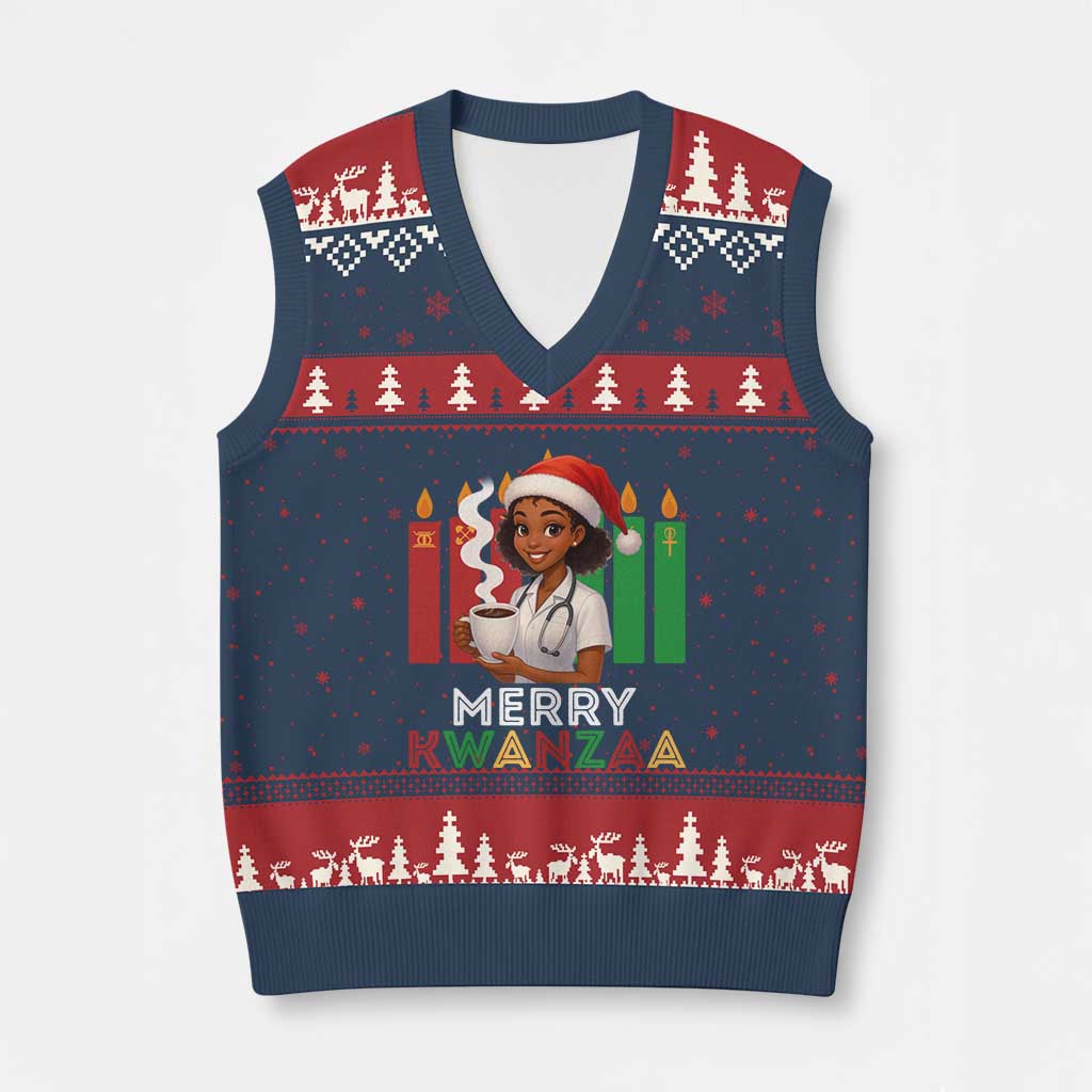 Merry Kwanzaa V-Neck Knit Sweater Vest Nurse African American Holiday Celebration Gift - Wonder Print Shop