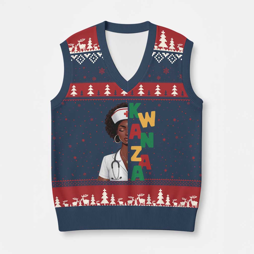 African American Nurse V-Neck Knit Sweater Vest Joyful Kwanzaa Celebration Gift - Wonder Print Shop