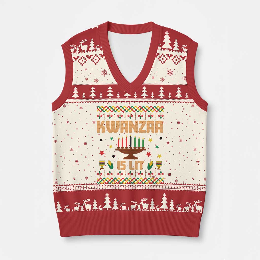 Funny Kwanzaa Is Lit V-Neck Knit Sweater Vest Ugly Sweater African Heritage Holiday Gift - Wonder Print Shop