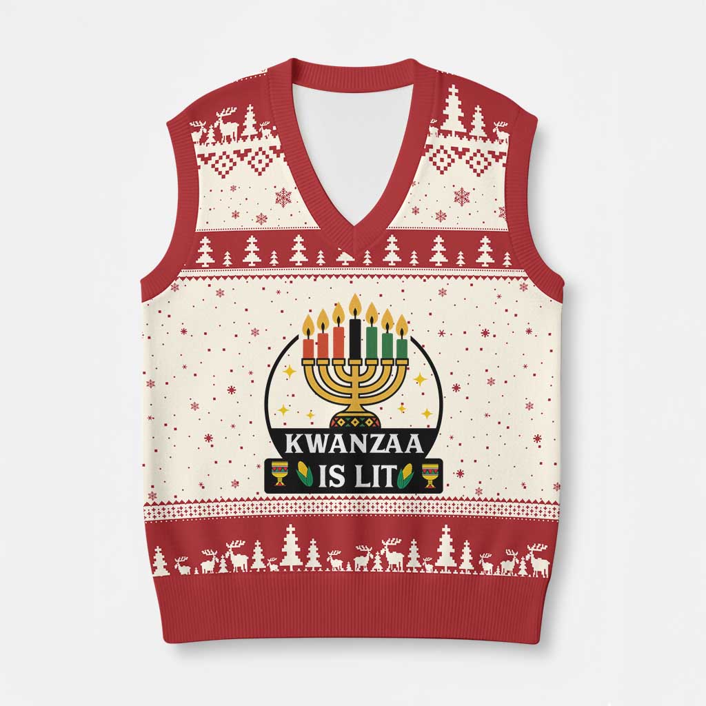 Kwanzaa Is Lit V-Neck Knit Sweater Vest Funny African American Holiday Gift - Wonder Print Shop