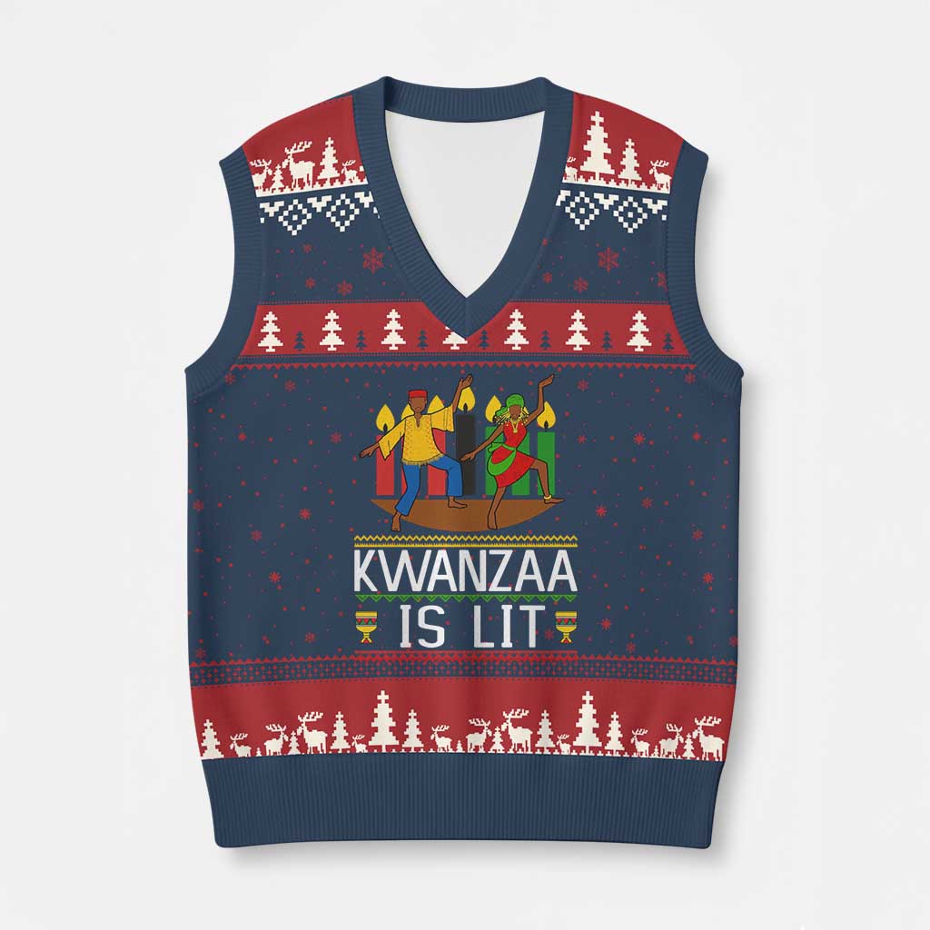 Funny Kwanzaa Is Lit V-Neck Knit Sweater Vest Festival Of Lights African Heritage Gift - Wonder Print Shop