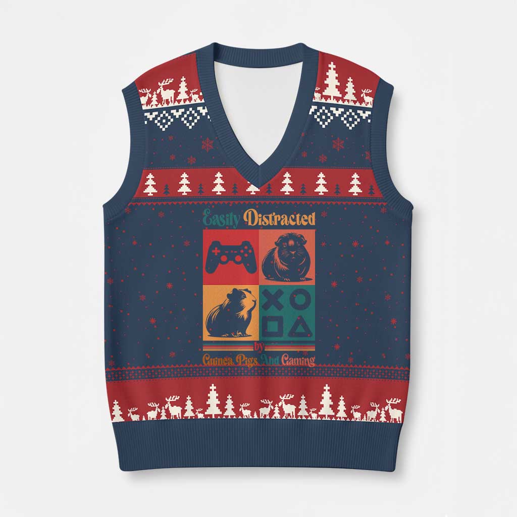 Funny Easily Distracted By Guinea Pigs And Gaming V-Neck Knit Sweater Vest Game Lover Gift - Wonder Print Shop