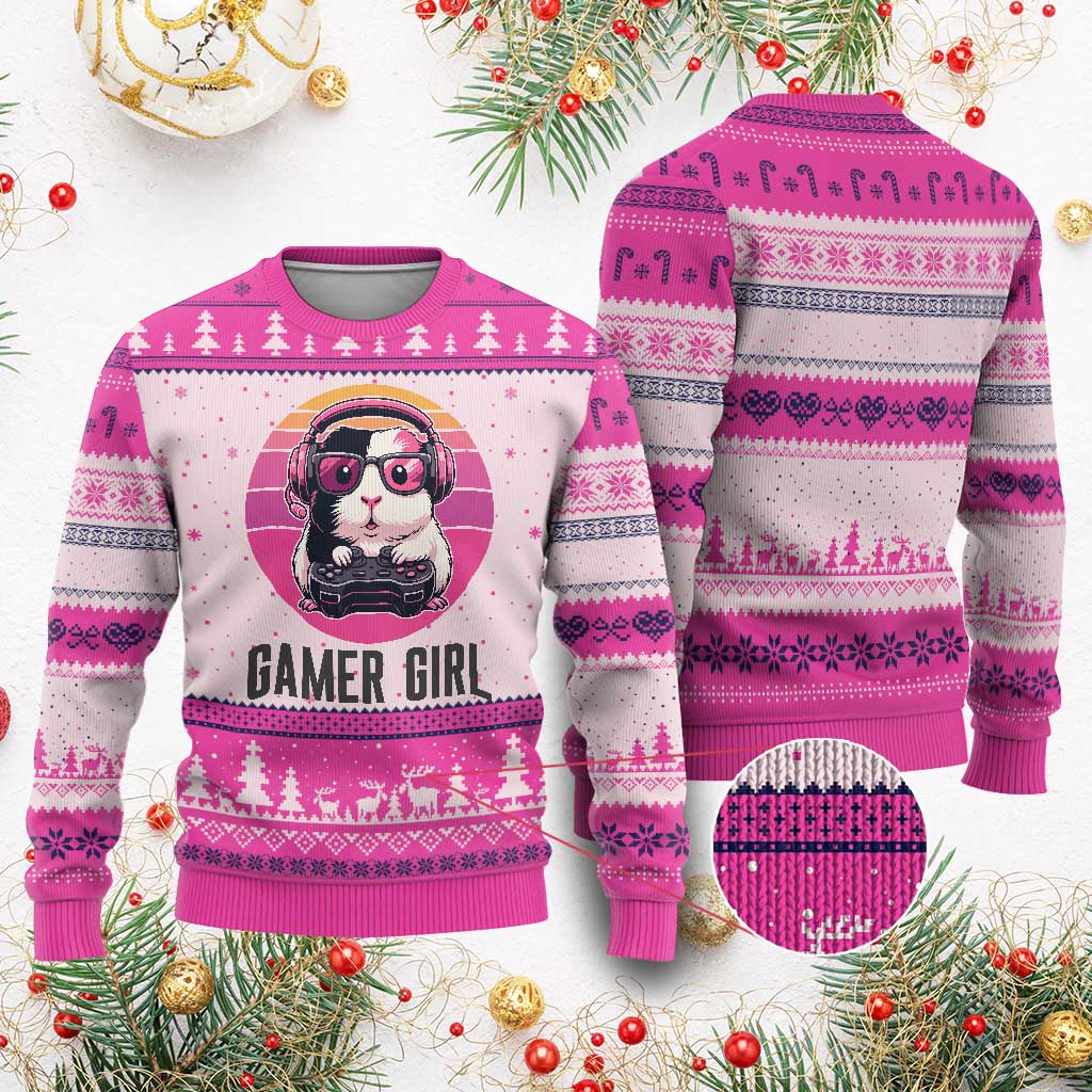 Funny Guinea Pig Video Game Rodent Lover Ugly Christmas Sweater Gamers Girl Sunset Retro Gift - Wonder Print Shop