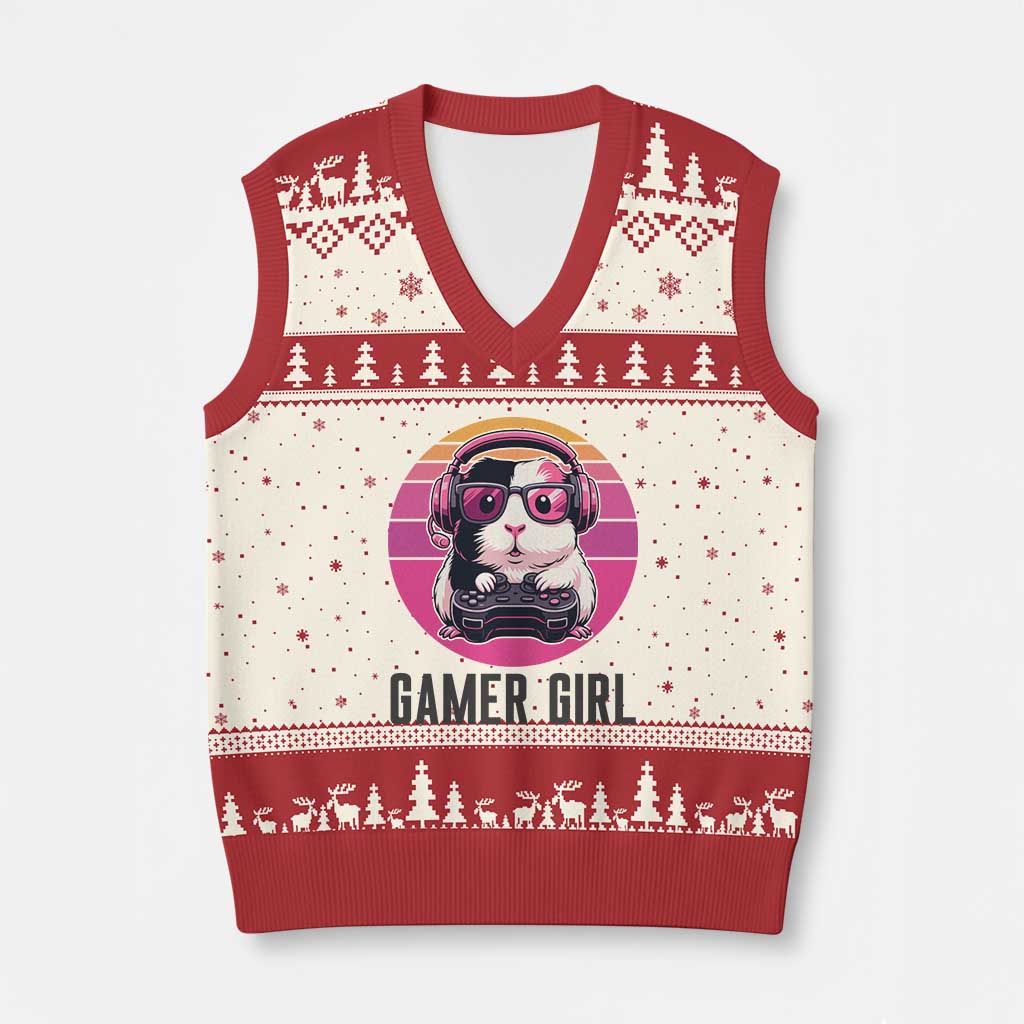 Funny Guinea Pig Video Game Rodent Lover V-Neck Knit Sweater Vest Gamers Girl Sunset Retro Gift - Wonder Print Shop