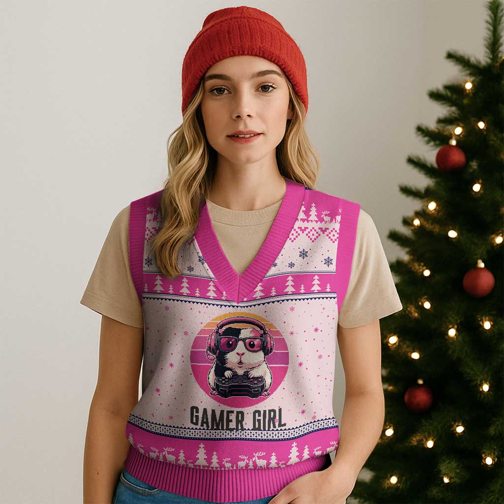 Funny Guinea Pig Video Game Rodent Lover V-Neck Knit Sweater Vest Gamers Girl Sunset Retro Gift - Wonder Print Shop