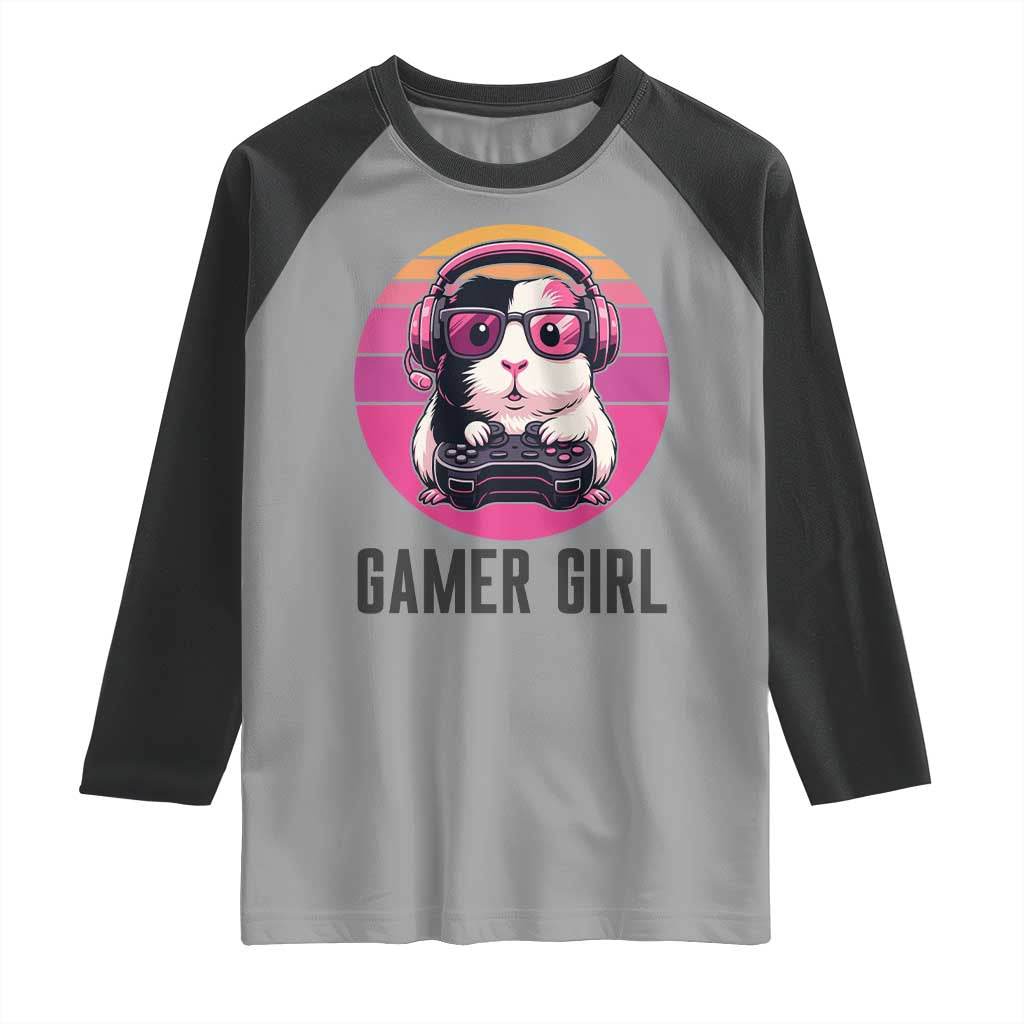 Funny Guinea Pig Video Game Rodent Lover Raglan Shirt Gamers Girl Sunset Retro Gift - Wonder Print Shop