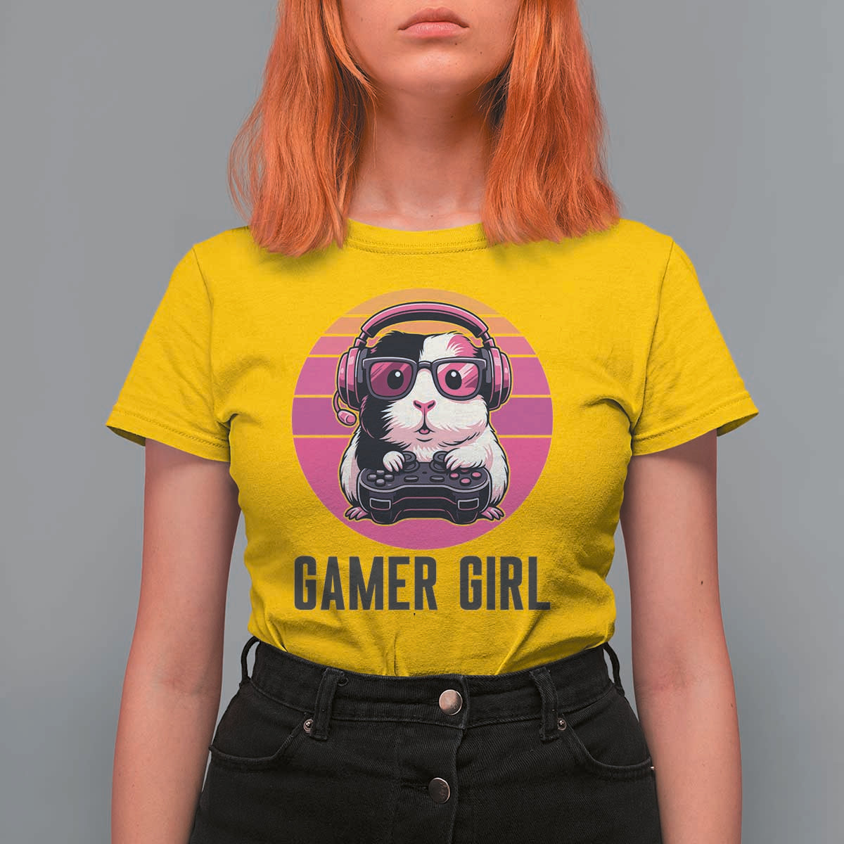 Funny Guinea Pig Video Game Rodent Lover T Shirt For Women Gamers Girl Sunset Retro Gift - Wonder Print Shop