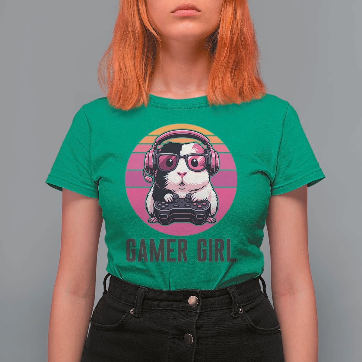 Funny Guinea Pig Video Game Rodent Lover T Shirt For Women Gamers Girl Sunset Retro Gift - Wonder Print Shop