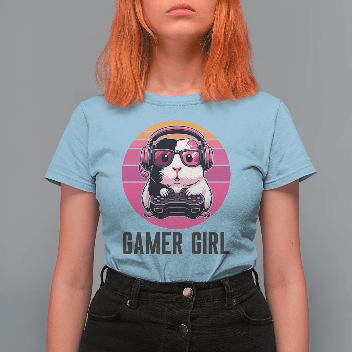 Funny Guinea Pig Video Game Rodent Lover T Shirt For Women Gamers Girl Sunset Retro Gift - Wonder Print Shop