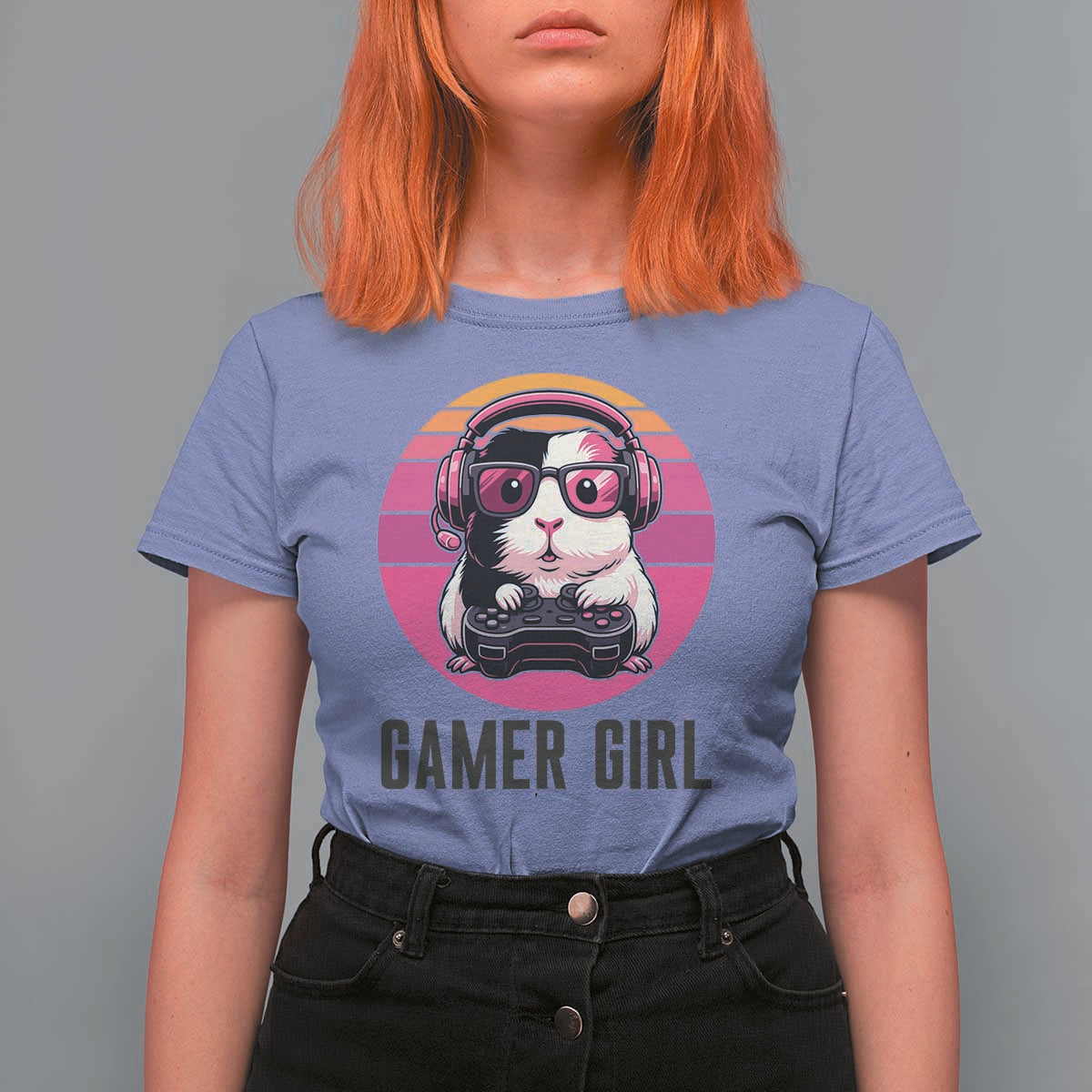 Funny Guinea Pig Video Game Rodent Lover T Shirt For Women Gamers Girl Sunset Retro Gift - Wonder Print Shop
