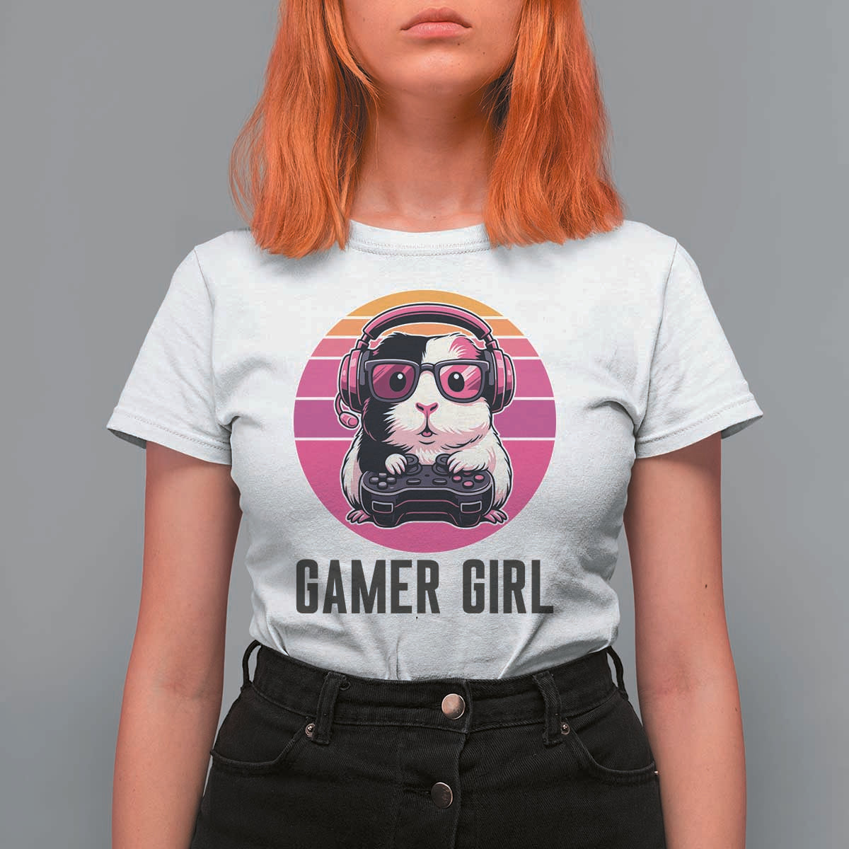 Funny Guinea Pig Video Game Rodent Lover T Shirt For Women Gamers Girl Sunset Retro Gift - Wonder Print Shop