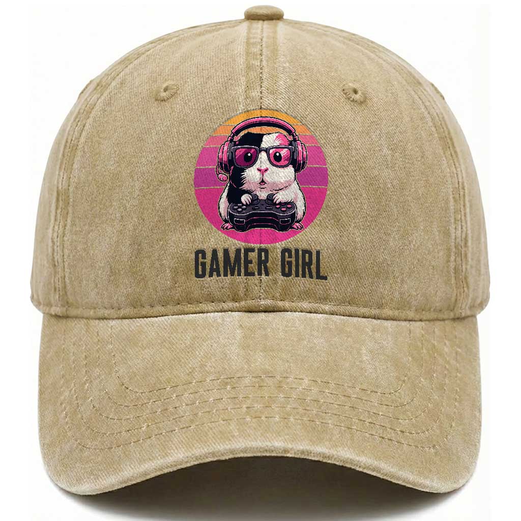 Funny Guinea Pig Video Game Rodent Lover Washed Cotton Baseball Cap Gamers Girl Sunset Retro Gift