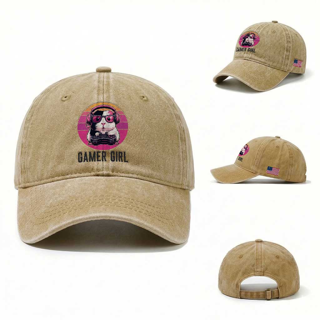 Funny Guinea Pig Video Game Rodent Lover Washed Cotton Baseball Cap Gamers Girl Sunset Retro Gift