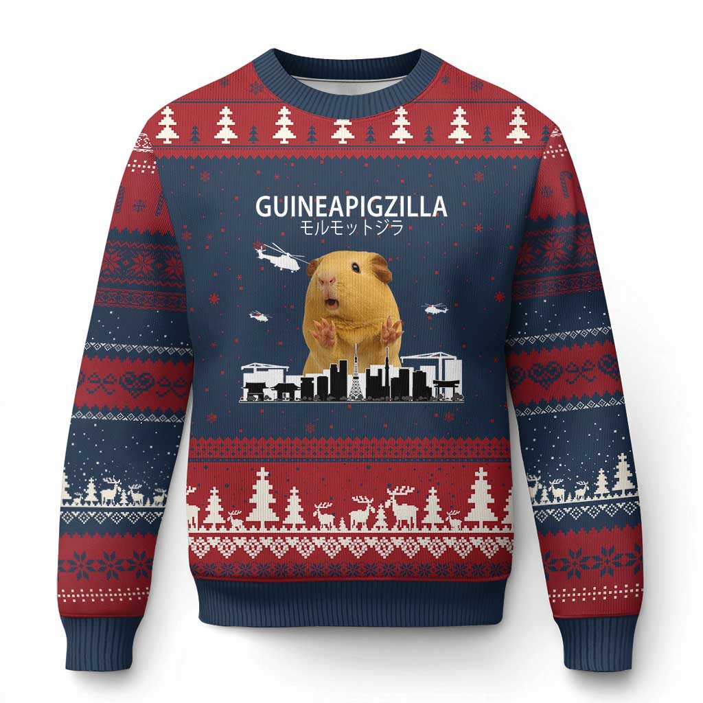 Funny Giant Guinea Pig Monster Roaring Tokyo Japan Ugly Christmas Sweater Guineapigzilla - Wonder Print Shop