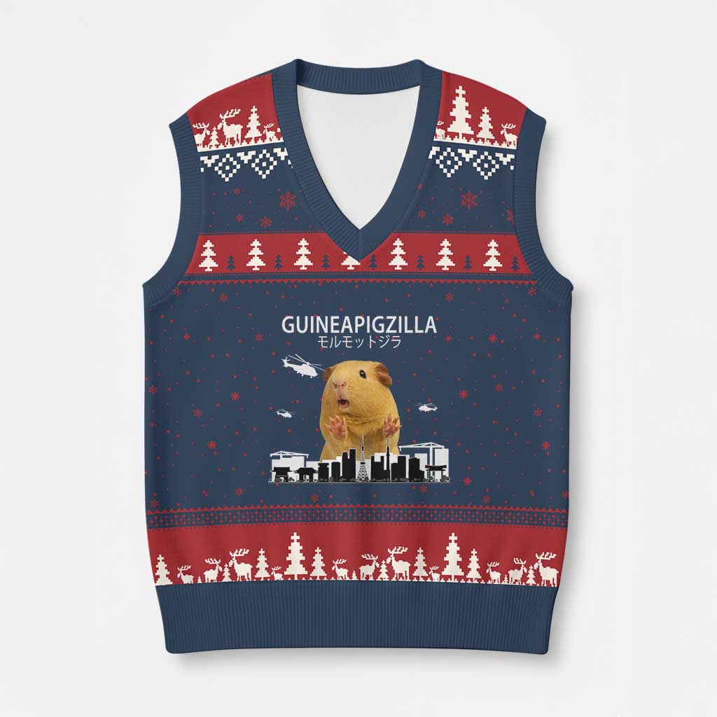Funny Giant Guinea Pig Monster Roaring Tokyo Japan V-Neck Knit Sweater Vest Guineapigzilla - Wonder Print Shop
