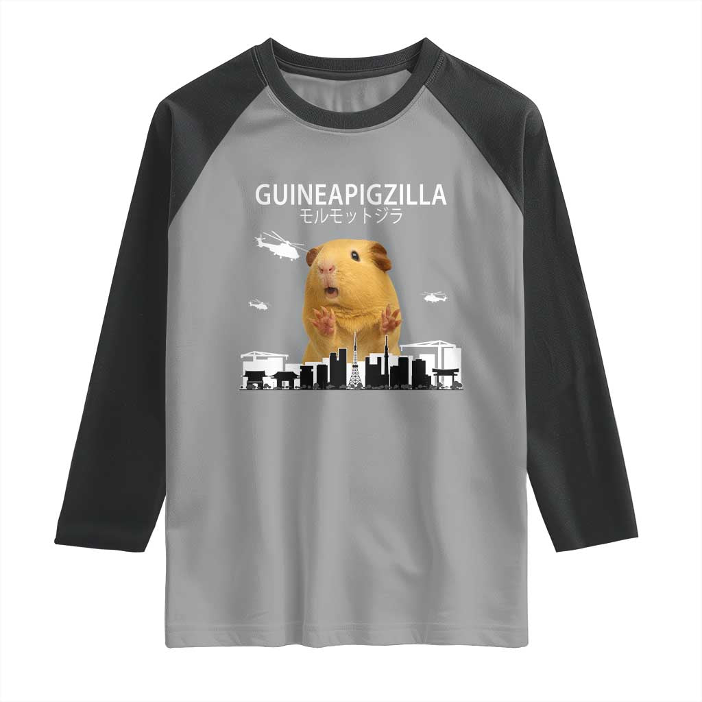 Funny Giant Guinea Pig Monster Roaring Tokyo Japan Raglan Shirt Guineapigzilla - Wonder Print Shop