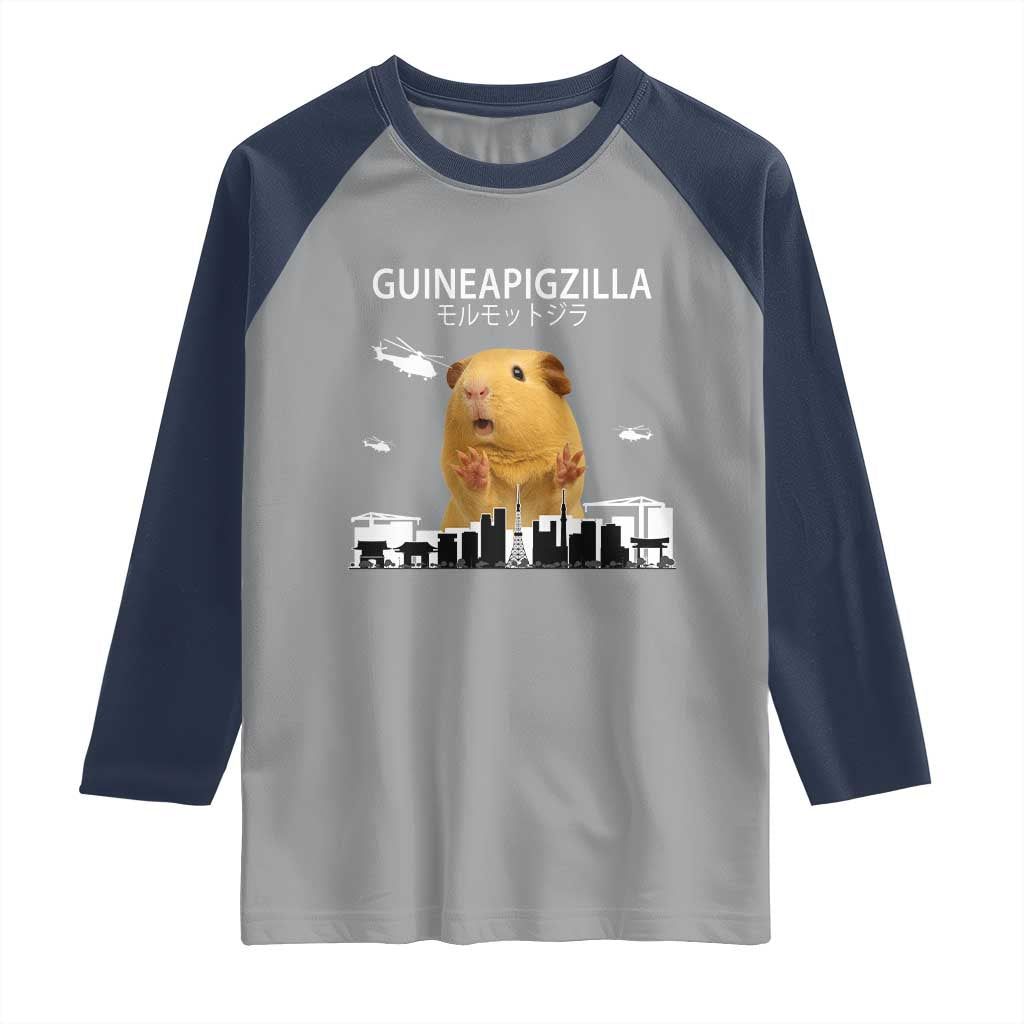 Funny Giant Guinea Pig Monster Roaring Tokyo Japan Raglan Shirt Guineapigzilla - Wonder Print Shop